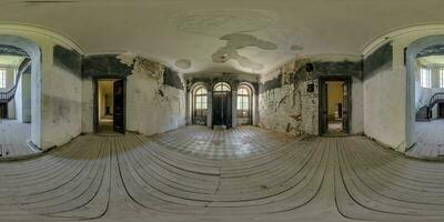 360 hdri panorama inside abandoned empty concrete hall in room or old building with stairs in seamless spherical in equirectangular projection, ready AR VR virtual reality content photo