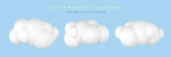 3d plastic clouds. Set of round cartoon fluffy clouds isolated on a blue background. Vector illustration