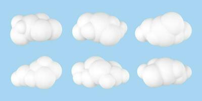 3d plastic clouds. Set of round cartoon fluffy clouds isolated on a blue background. Vector illustration