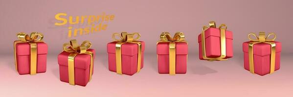 3D realistic red gift boxes with golden bow. Paper boxes with ribbon and shadow isolated on light red background. Vector illustration