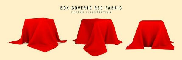 Square box covered with realistic red silk fabric isolated on light background. 3D realistic illustration. Vector illustration