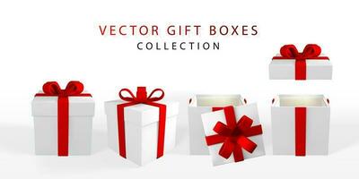 3D render realistic gift box with red bow. Paper box with red ribbon and shadow isolated on white background. Vector illustration