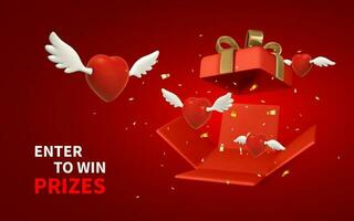 Enter to win prizes. 3d flying hearts with wings from open red gift box on a red background. Valentine's Day design. Vector illustration