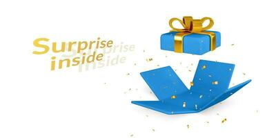 3D render and draw by mesh realistic open gift box. Surprise inside. Vector illustration