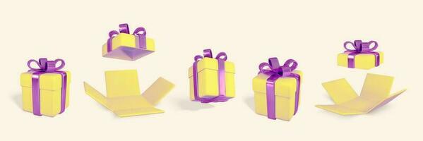 3D realistic yellow gift boxes with shiny purple bow and ribbon. Paper boxes isolated on light background. Vector illustration