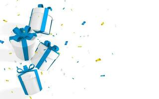 3D realistic paper white gift boxes with blue ribbon and bow. Paper boxes falling with confetti on white background. Vector illustration