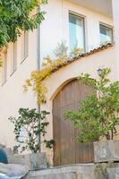 Retro old doors on the street. Colored doors. green door backdrop. Ornamental door photo