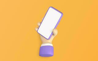 3D Cute cartoon character hand holding mobile smart phone on yellow background. Vector illustration