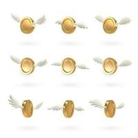 Set of 3d flying golden coin with wings isolated on a white background. Vector illustration