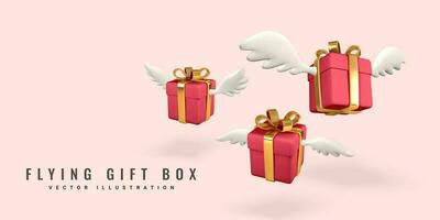 3d flying red gift boxes with golden bows and wings on light red background. Valentine's Day design. Vector illustration