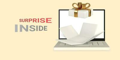 3d realistic laptop with open gift box on light background. Surprise inside. Vector illustration