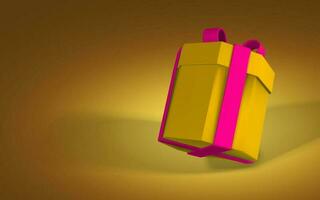 3D realistic paper yellow gift box with red ribbon and bow. Paper box on red background with shadow. Vector illustration