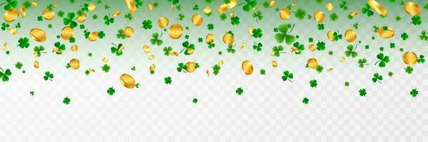 Santo patrick's día frontera con verde cuatro y árbol hoja tréboles y oro monedas en blanco antecedentes. irlandesa suerte y éxito simbolos vector ilustración