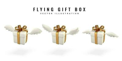 Set of three 3d flying gift boxes with wings on white background. Decorative elements. Vector illustration