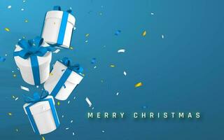 Festive Christmas or New Year Background with 3D realistic paper white gift boxes with blue ribbon and bow. Paper boxes falling with confetti. Vector illustration