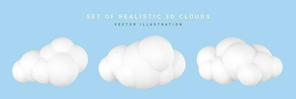 3d plastic clouds. Set of round cartoon fluffy clouds isolated on a blue background. Vector illustration