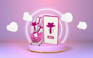 Online shopping concept. Realistic 3d mobilephone with shopping cart and gift boxes on stage. Online store. Vector illustration