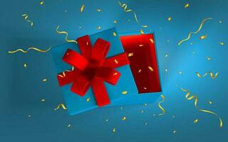 3D render realistic open gift box with confetti. White open paper box with red bow and ribbon isolated on blue background. Vector illustration