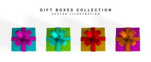 3D realistic gift boxes with bow top view. Red paper box with white ribbon and shadow isolated on white background. Vector illustration