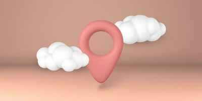 3d red pin point marker with shadow in clouds. Location icon on map. Vector illustration