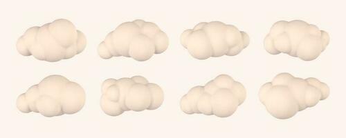 3d plastic clouds. Set of round cartoon fluffy clouds isolated on a light background. Vector illustration