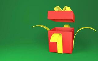 Realistic open red gift box with yellow bow and ribbon isolated on green background. Vector illustration