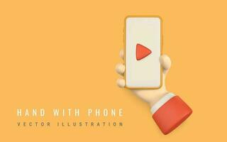 Cartoon character hand with smart phone, scrolling or searching for something. 3d render hand businessman in suit. Vector illustration