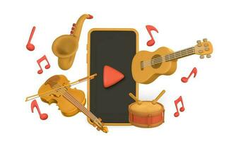 Music banner. Realistic phone, violin, saxophone, drum and acoustic guitar in 3d plastic cartoon style. Vector illustration