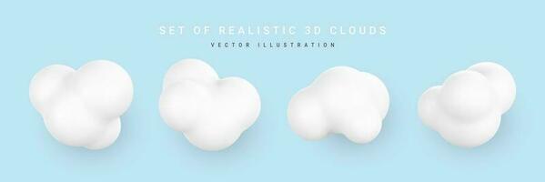 3d plastic clouds. Set of round cartoon fluffy clouds isolated on a blue background. Vector illustration
