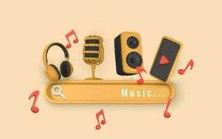 Searching for a music concept with search tab. Headphone, audio speaker, microphone and phone in 3d style. Vector illustration