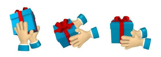 Cartoon character hand with gift box. 3d render hand of businessman in suit. Vector illustration