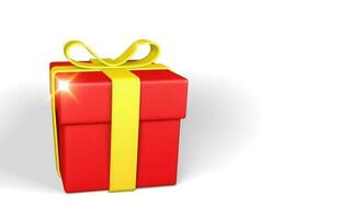 Realistic red gift box with yellow bow and ribbon isolated on white background. Vector illustration