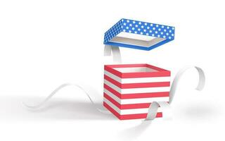 3D render realistic open gift box for USA Independence Day. Paper box with white ribbon and shadow isolated on white background. Vector illustration