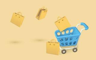 Online shopping concept. Realistic 3d shopping cart and shopping bags. Online store. Vector illustration