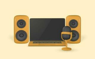 3d microphone, laptop and audio speaker in plastic cartoon style. Vector illustration