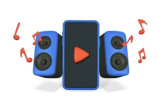 3d realistic smartphone and audio speaker with music notes in plastic cartoon style. Vector illustration