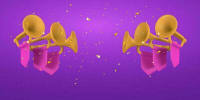 3d realistic fanfare with confetti. Music concept design in plastic cartoon style. Vector illustration