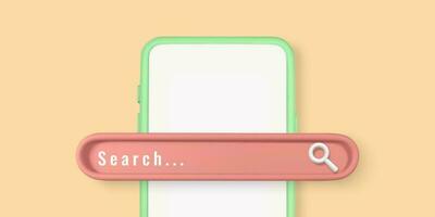 Realistic 3d phone with search bar element in cartoon minimal style on light yellow background. Vector illustration