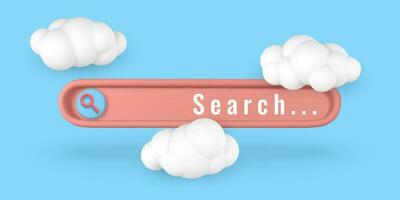 Realistic 3d search bar design element and clouds in cartoon minimal style on light blue background. Vector illustration