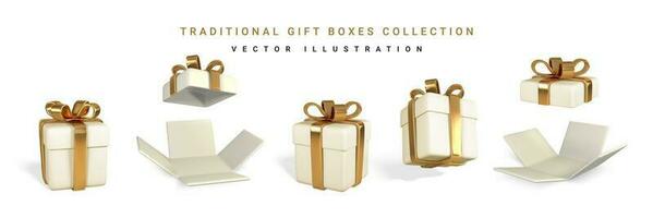 Set of five 3D render and draw by mesh realistic gift box with bow. Paper box with shadow isolated on white background. Vector illustration