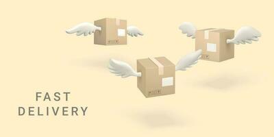 3d flying cardboard box with wings. Carton delivery packaging. Delivery service concept. Vector illustration