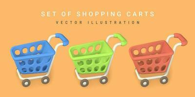 3d empty red, green and blue shopping carts. Shopping concept. Vector illustration