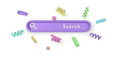 3D Cute cartoon search bar design element in minimal style on light background with confetti flying around. Vector illustration