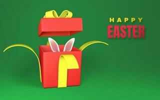 Happy Easter day background with open red gift box with yellow bow and ribbon isolated on green background. Vector illustration