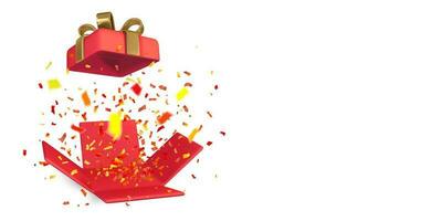 3D Open Red Gift Box and Confetti. Christmas Background. Vector Illustration