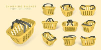 Set of 3d empty yellow shopping baskets. Shopping concept. Vector illustration