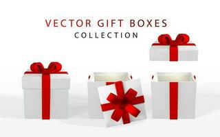 3D render realistic gift box with red bow. Paper box with red ribbon and shadow isolated on white background. Vector illustration