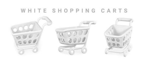 3d empty white shopping carts on a white background. Shopping concept. Vector illustration