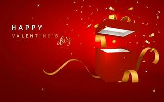 Happy Valentines Day background. 3D realistic gift box with golden ribbon. Red paper box with ribbon and shadow isolated on red background. Vector illustration