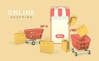Online shopping concept. Realistic 3d mobilephone with shopping carts and shopping bags. Online store. Vector illustration